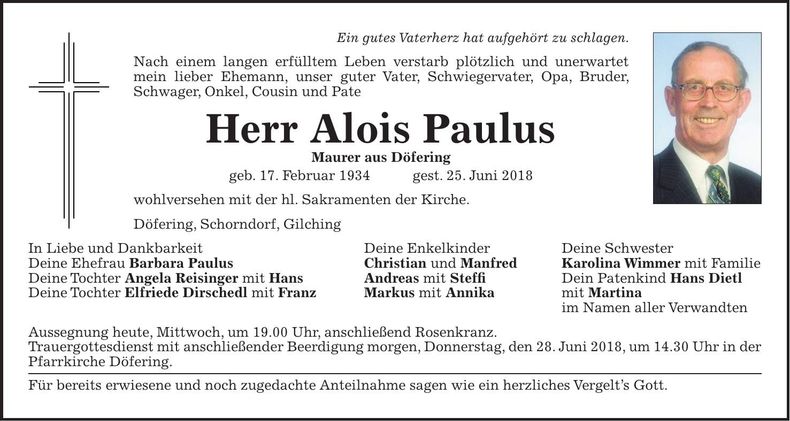 Traueranzeige Alois Paulus
