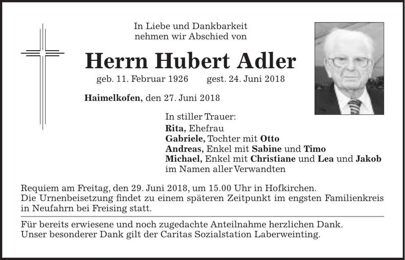 Traueranzeige Hubert Adler