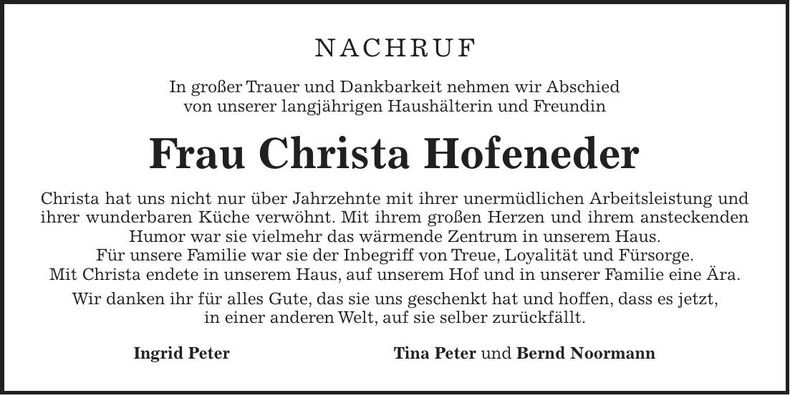 Traueranzeige Christa Hofeneder