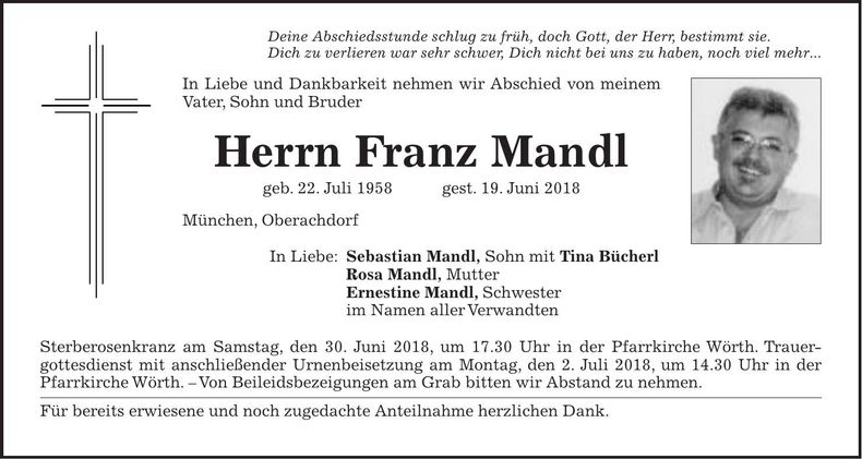 Traueranzeige Franz Mandl