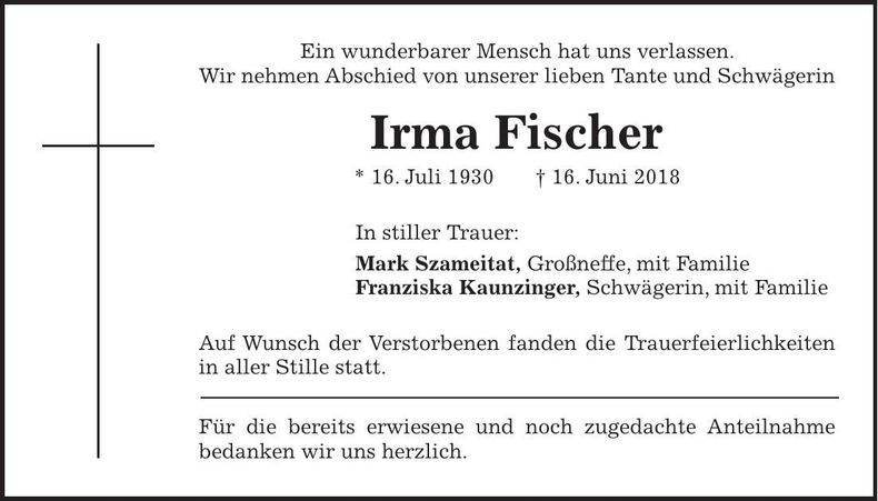 Traueranzeige Irma Fischer