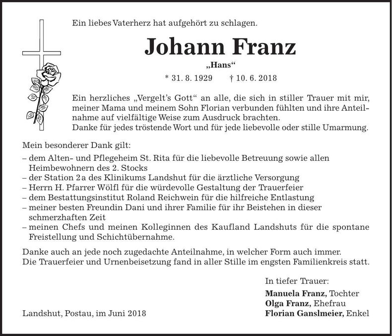 Traueranzeige Johann Franz