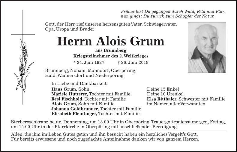 Traueranzeige Alois Grum