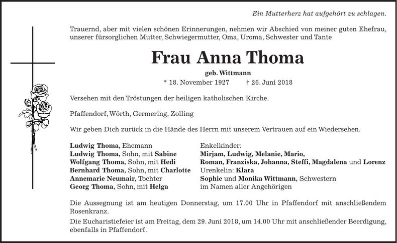 Traueranzeige Anna Thoma