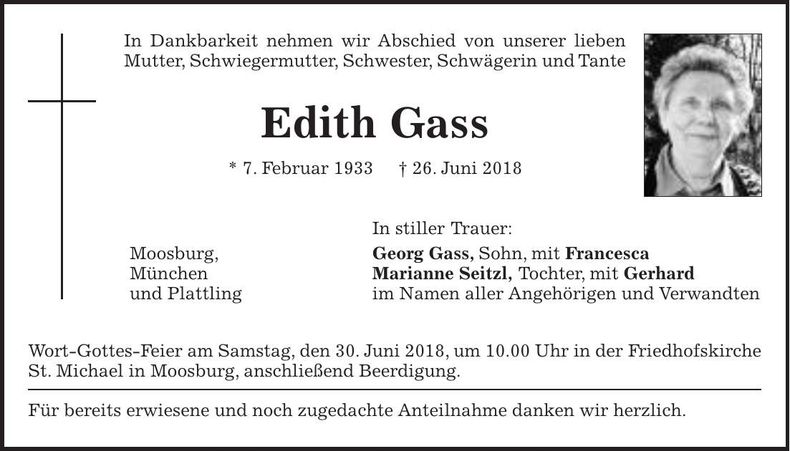 Traueranzeige Edith Gass
