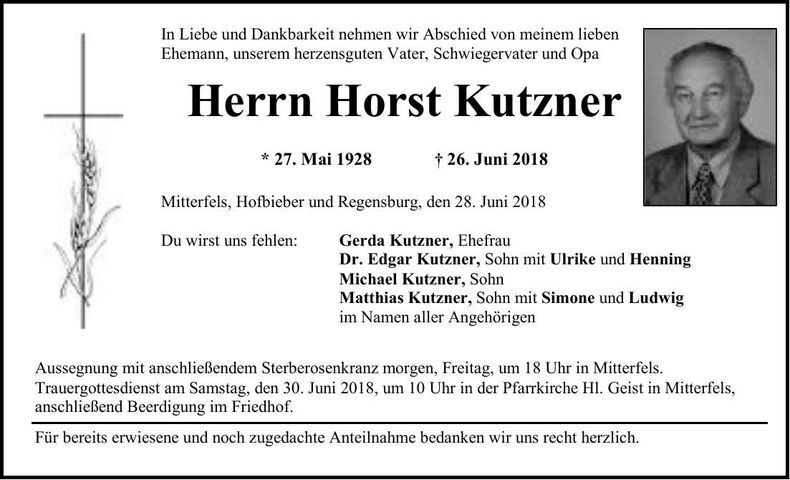 Traueranzeige Horst Kutzner