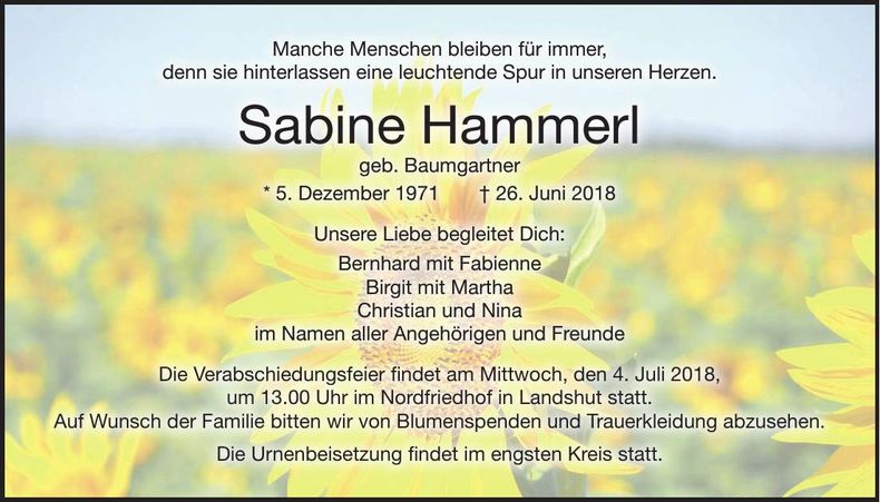 Traueranzeige Sabine Hammerl
