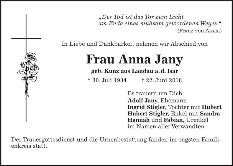 Traueranzeige Anna Jany