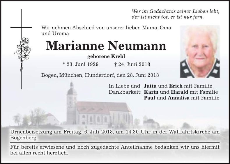 Traueranzeige Marianne Neumann