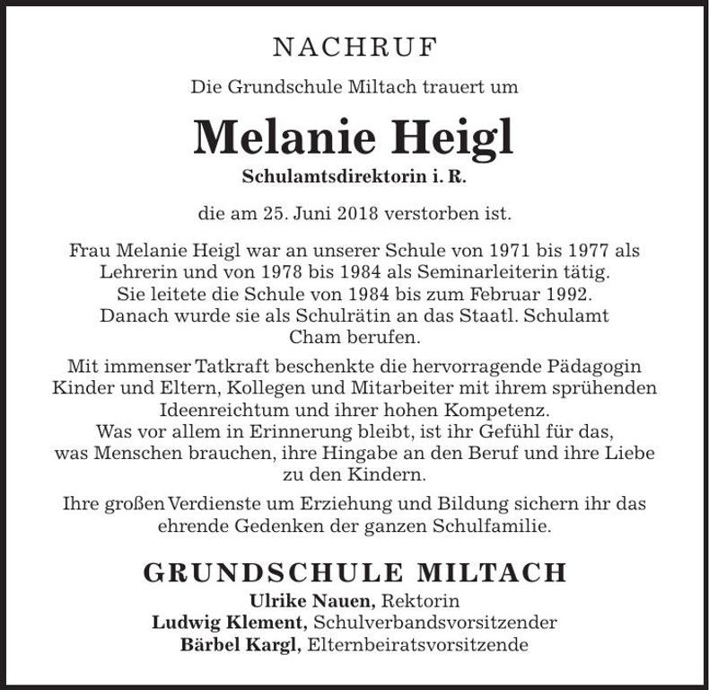 Traueranzeige Melanie Heigl