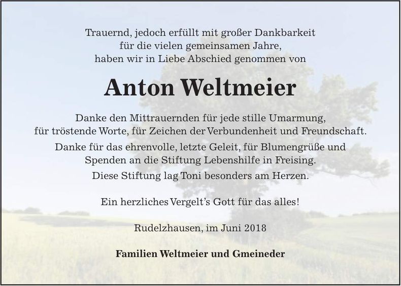 Traueranzeige Anton Weltmeier