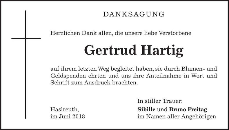 Traueranzeige Gertrud Hartig