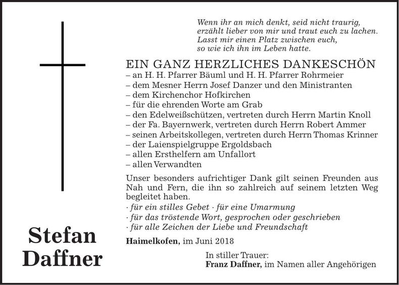 Traueranzeige Stefan Daffner