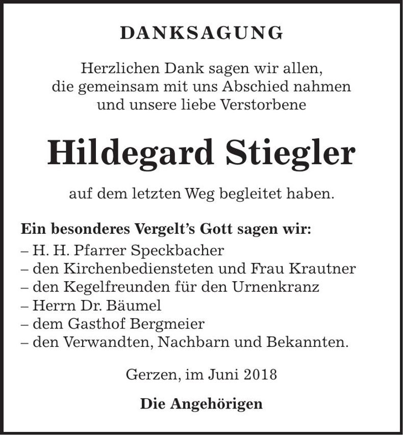Traueranzeige Hildegard Stiegler