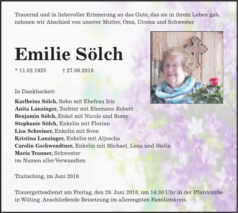 Traueranzeige Emilie Sölch