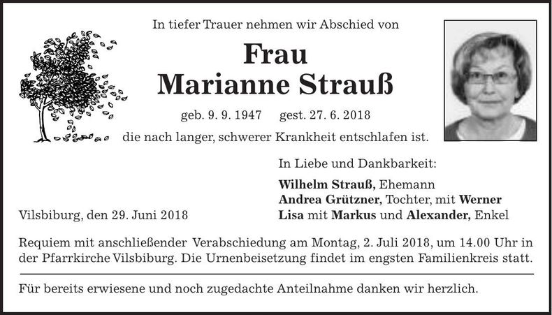 Traueranzeige Marianne Strauß