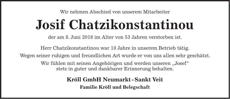 Traueranzeige Iosif Chatzikonstantinou
