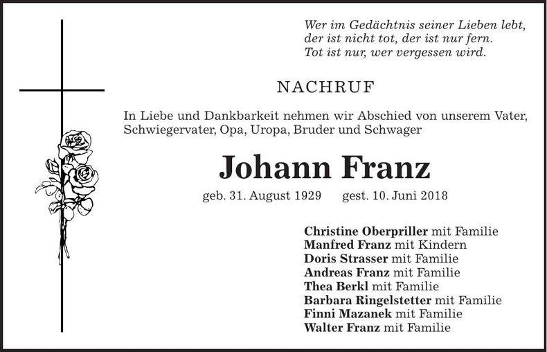 Traueranzeige Johann Franz