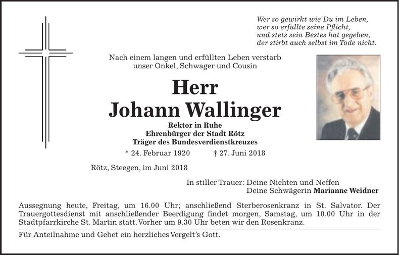 Traueranzeige Johann Wallinger