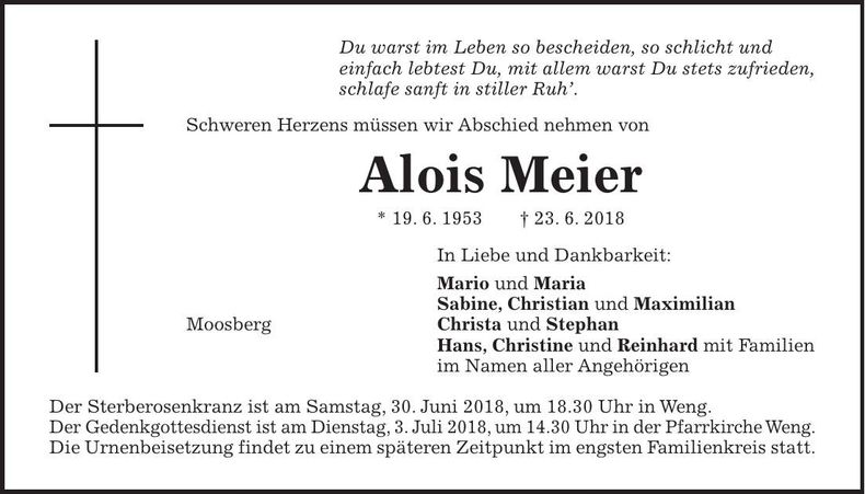 Traueranzeige Alois Meier