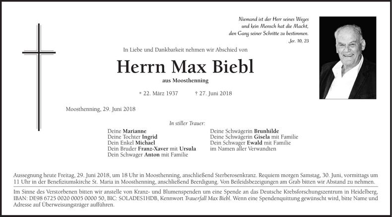 Traueranzeige Max Biebl
