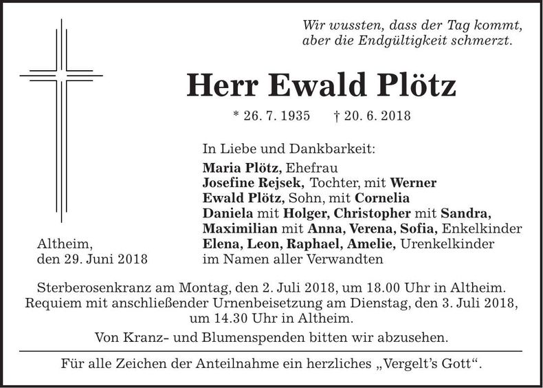 Traueranzeige Ewald Plötz