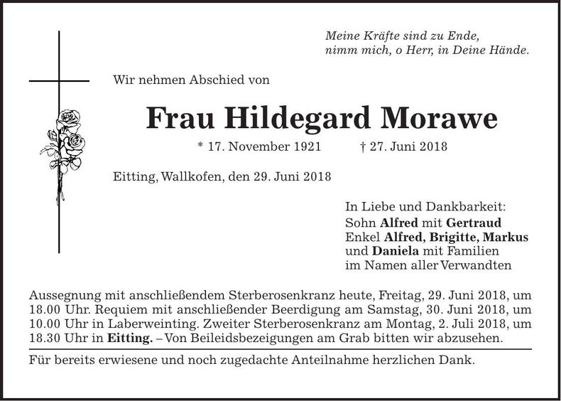Traueranzeige Hildegard Morawe