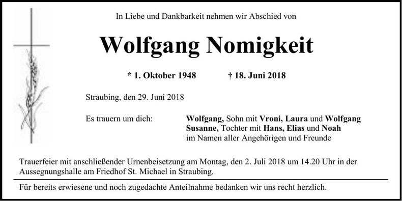 Traueranzeige Wolfgang Nomigkeit