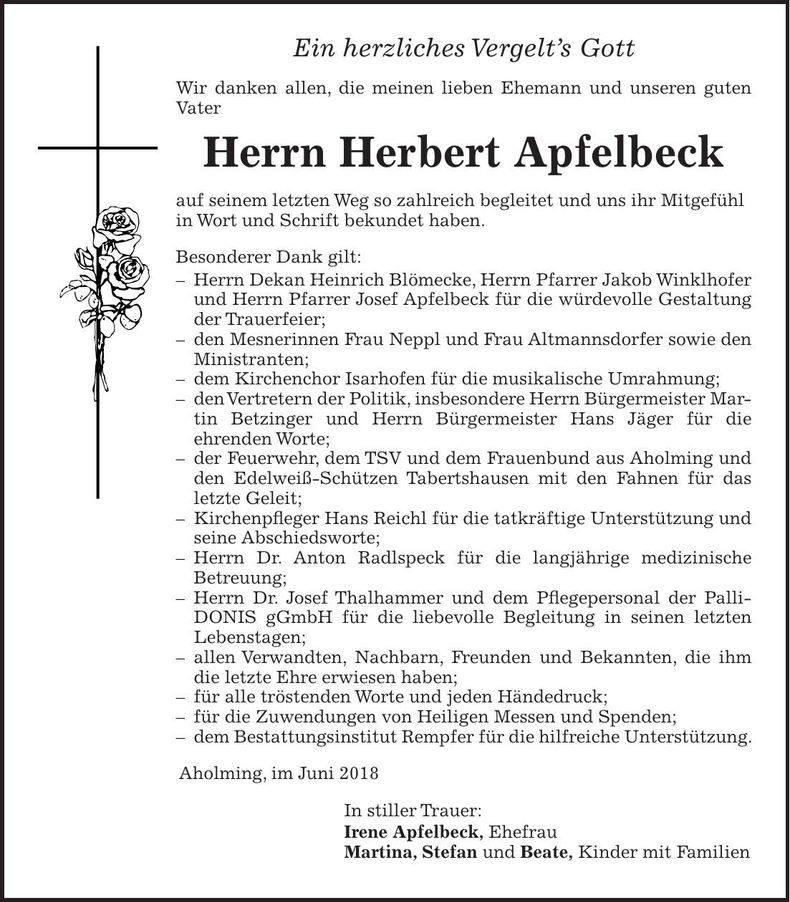 Traueranzeige Herbert Apfelbeck