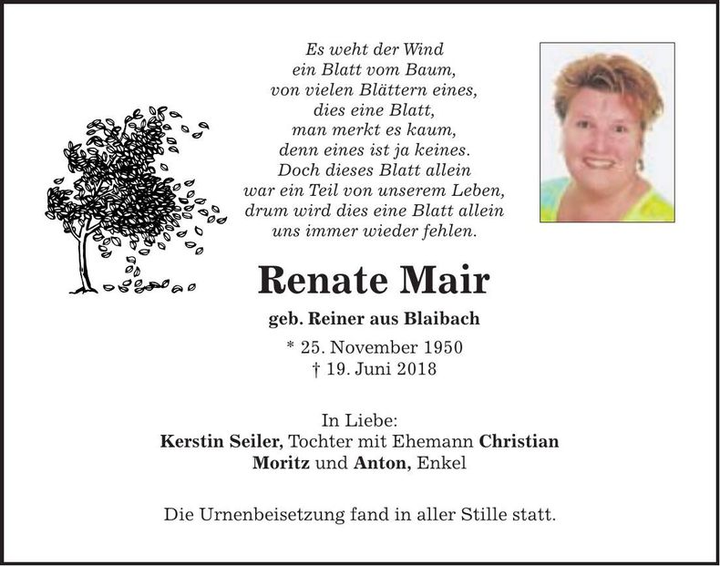 Traueranzeige Renate Mair