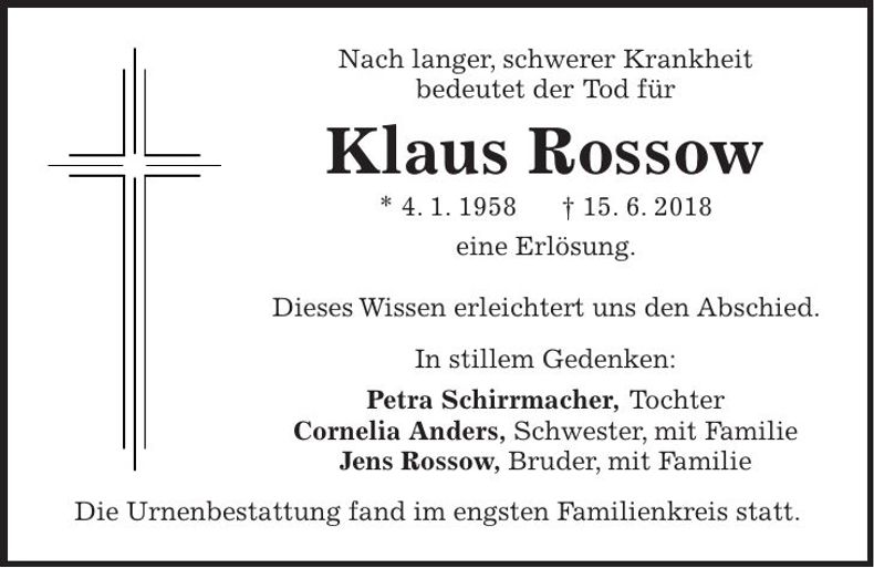 Traueranzeige Klaus Rossow