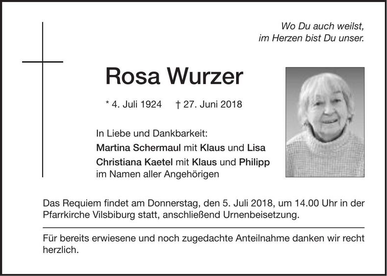 Traueranzeige Rosa Wurzer