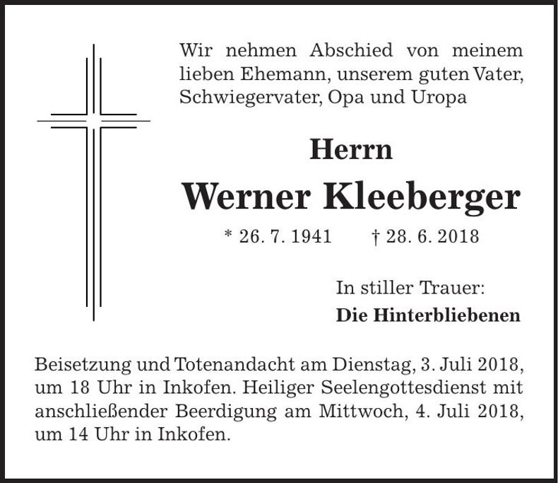 Traueranzeige Walter Kleeberger