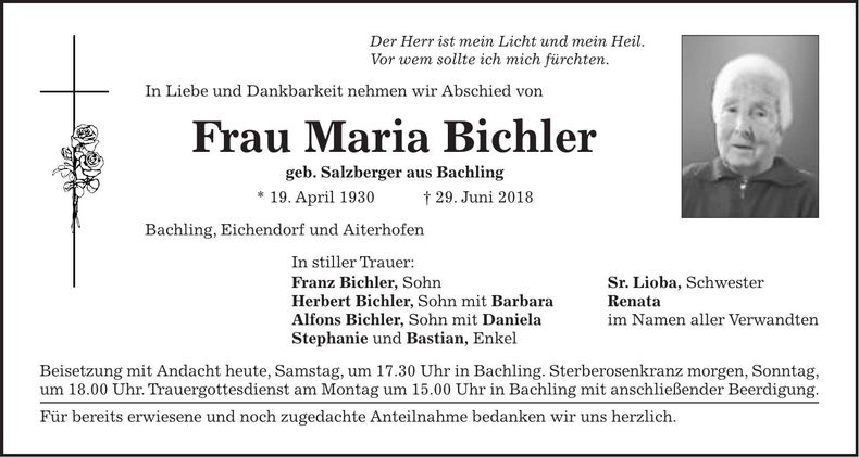 Traueranzeige Maria Bichler