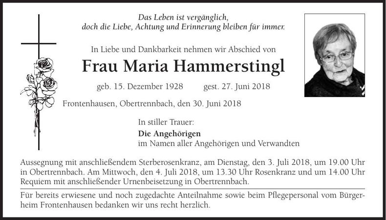Traueranzeige Maria Hammerstingl