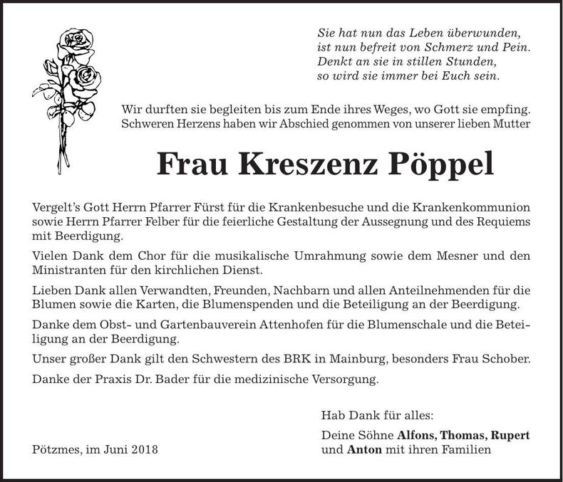 Traueranzeige Kreszenz Pöppel