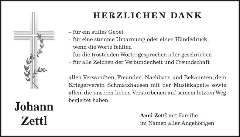 Traueranzeige Johann Zettl
