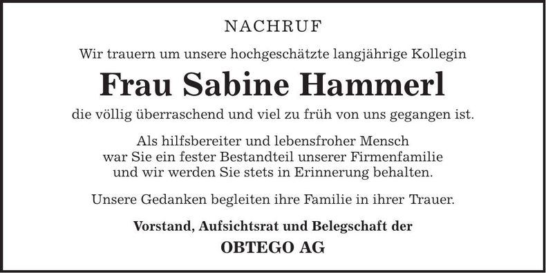 Traueranzeige Sabine Hammerl