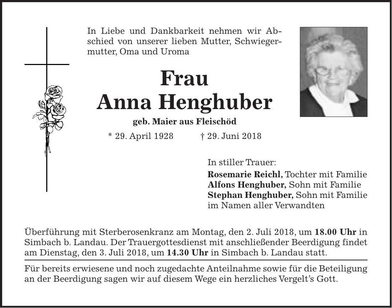 Traueranzeige Anna Henghuber