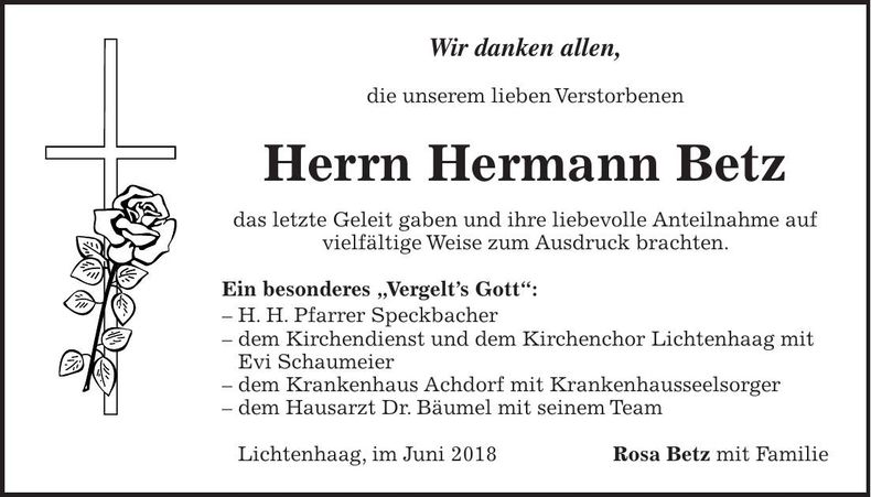 Traueranzeige Hermann Betz