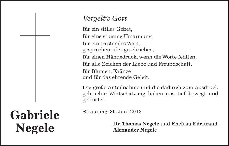 Traueranzeige Gabriele Negele