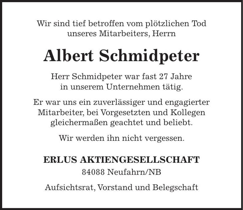 Traueranzeige Albert Schmidpeter