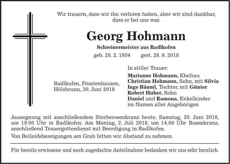 Traueranzeige Georg Hohmann