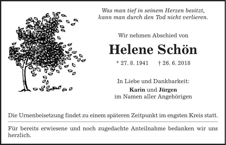 Traueranzeige Helene Schön
