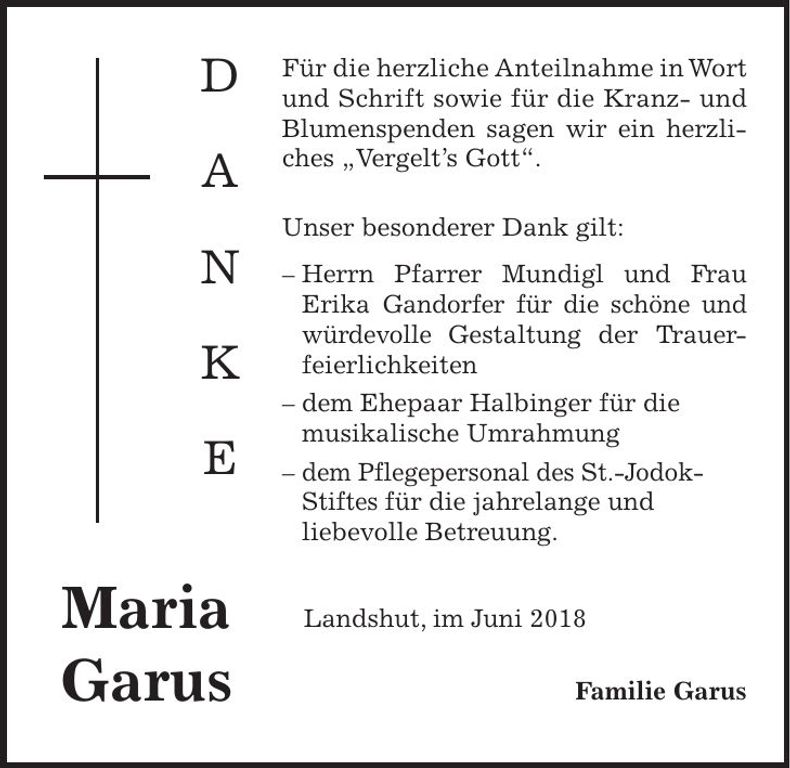 Traueranzeige Maria Garus