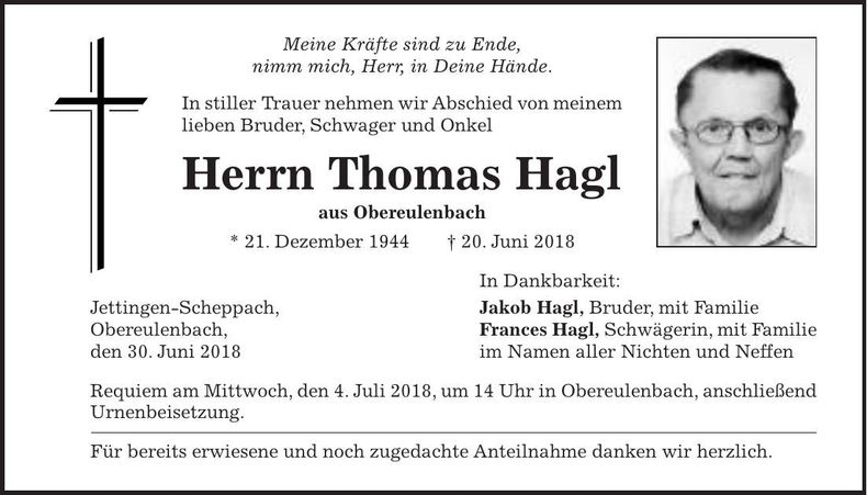 Traueranzeige Thomas Hagl
