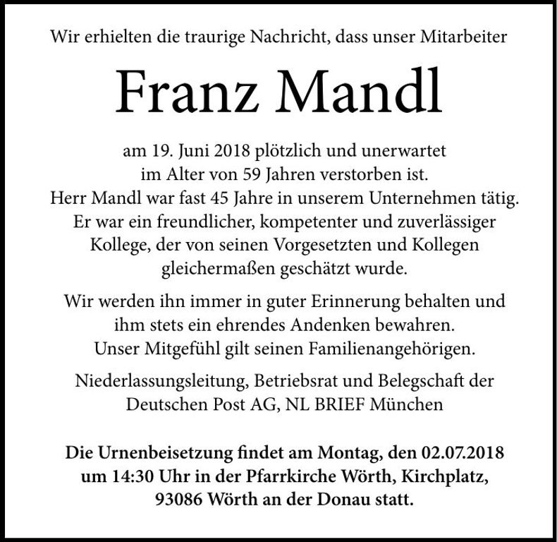 Traueranzeige Franz Mandl