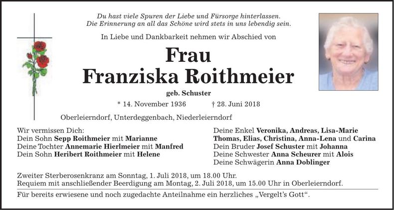 Traueranzeige Franziska Roithmeier