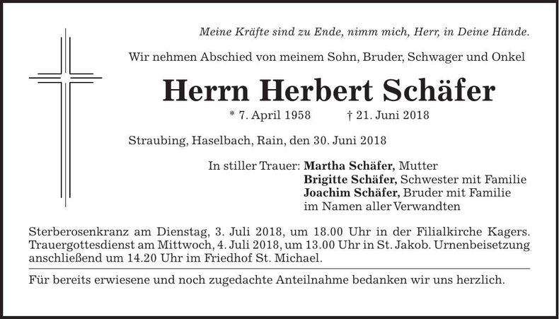 Traueranzeige Herbert Schäfer
