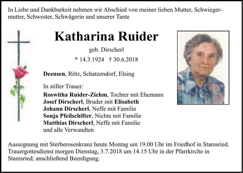Traueranzeige Katharina Ruider